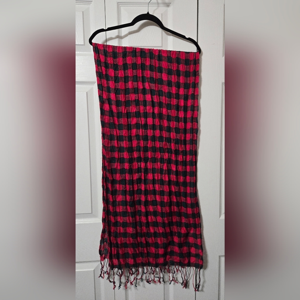Pink, Black & Green Plaid Scarf w/Twisted Fringe on the ends, Vibrant Colors